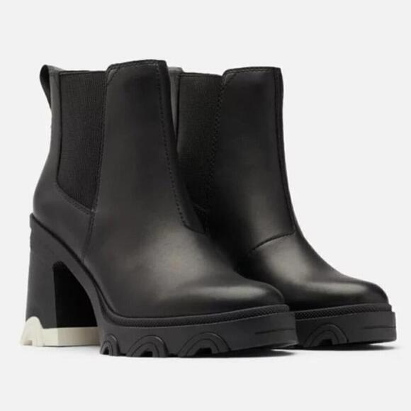 Sorel Womens 10 Black Leather Boots High Heel Chelsea Ankle Waterproof NEW - Picture 3 of 12